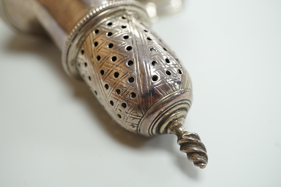 A George II silver pepperette, possibly by Joseph Sanders, London, 1739, 13cm, together with a George V silver pepperette.